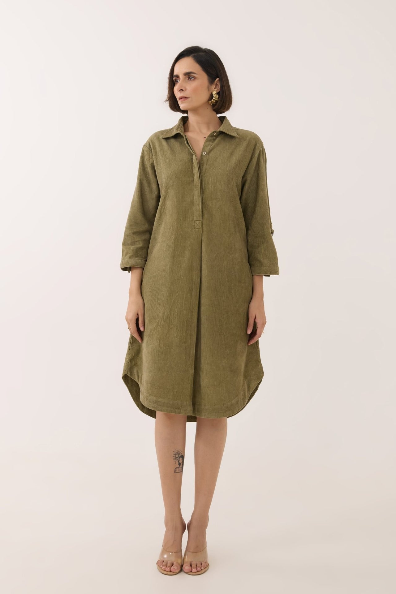Dusty Green Corduroy Shirt Dress - Tara - C - Tara