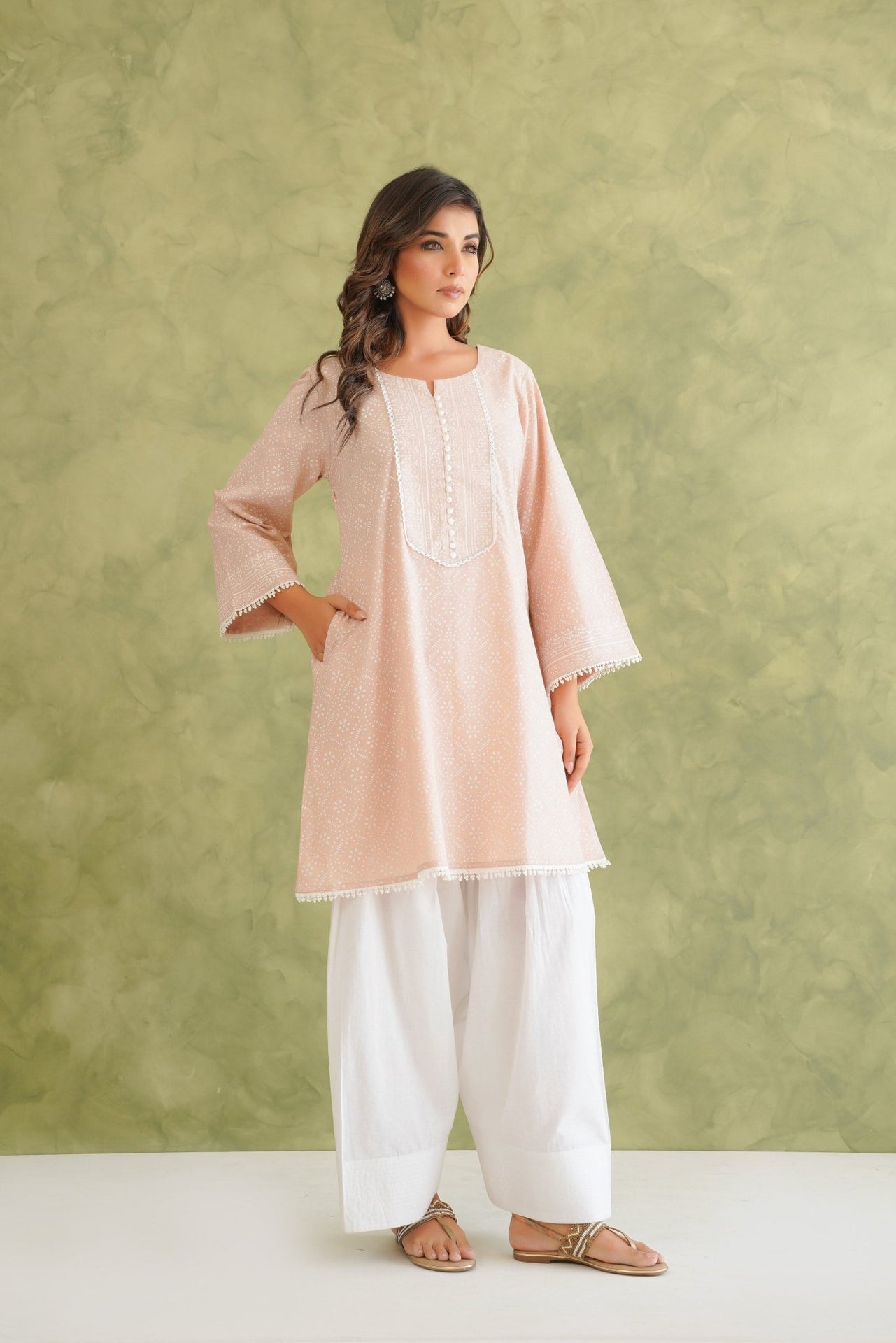 Dusty Pink Short Hand Block Printed Kurta With Farshi Salwar - Tara - C - Tara