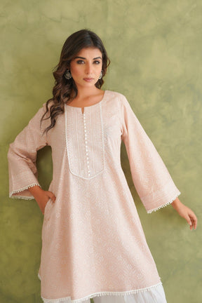 Dusty Pink Short Hand Block Printed Kurta With Farshi Salwar - Tara - C - Tara