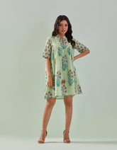 "Effortless Elegance: Green Hand Block Buti Printed Tiered Dress" - Tara - C - Tara