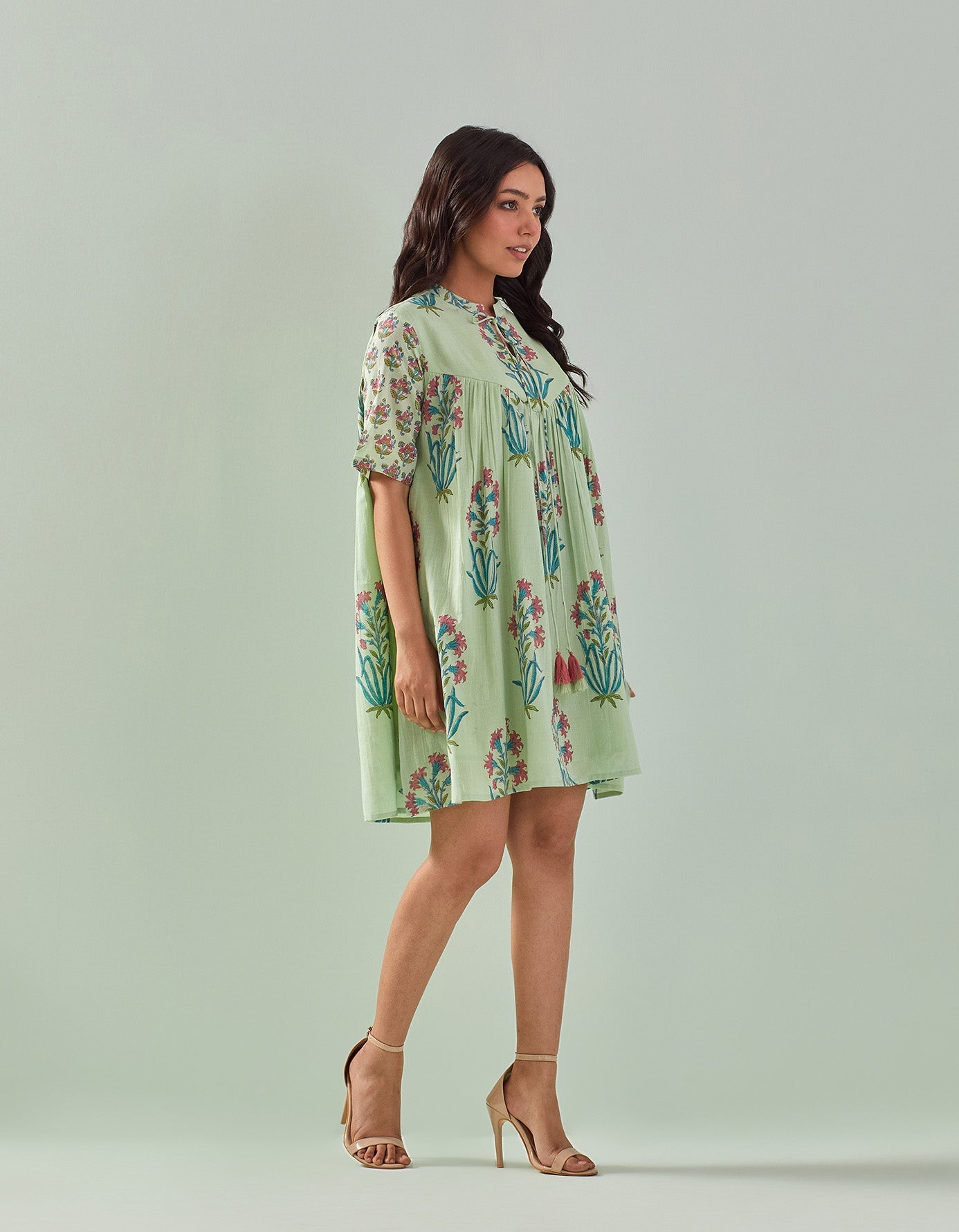 "Effortless Elegance: Green Hand Block Buti Printed Tiered Dress" - Tara - C - Tara