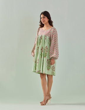 "Effortless Elegance: Green Hand Block Buti Printed Tiered Dress" - Tara - C - Tara