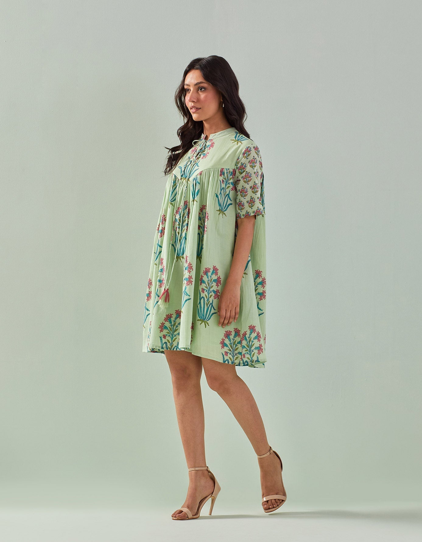 "Effortless Elegance: Green Hand Block Buti Printed Tiered Dress" - Tara - C - Tara