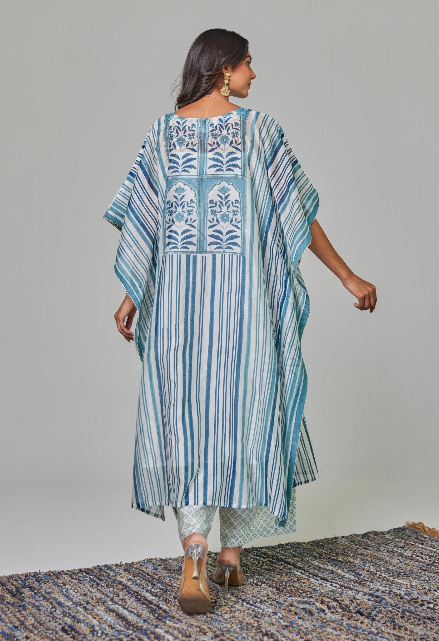 Elegance in Blue: Hand - Block Printed Off - White Chanderi Kaftan Set - Tara - C - Tara