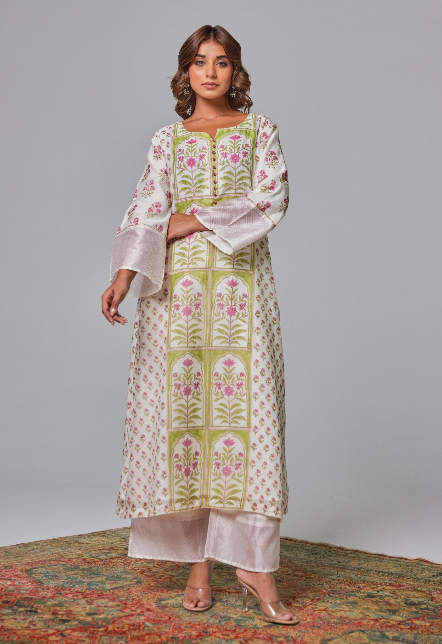 Elegant Blossoms: Hand Block Printed Off - White Chanderi Kurta Set - Tara - C - Tara