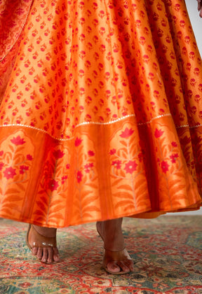 Elegant Citrus: Handblock Printed Chanderi Orange Anarkali Set - Tara - C - Tara