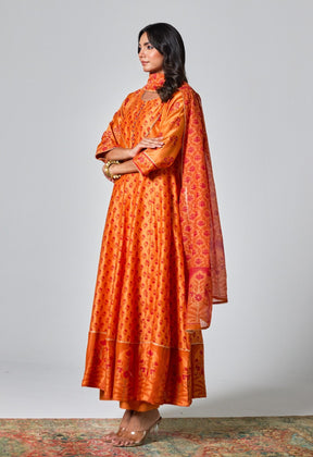 Elegant Citrus: Handblock Printed Chanderi Orange Anarkali Set - Tara - C - Tara