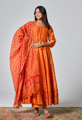 Elegant Citrus: Handblock Printed Chanderi Orange Anarkali Set - Tara - C - Tara