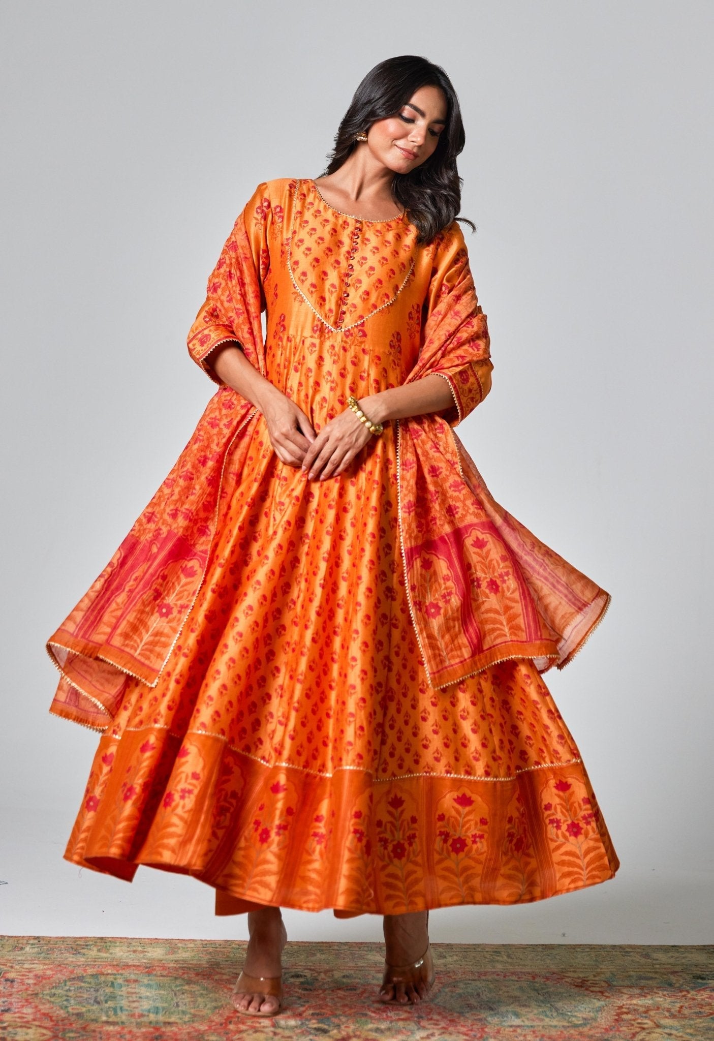 Elegant Citrus: Handblock Printed Chanderi Orange Anarkali Set - Tara - C - Tara