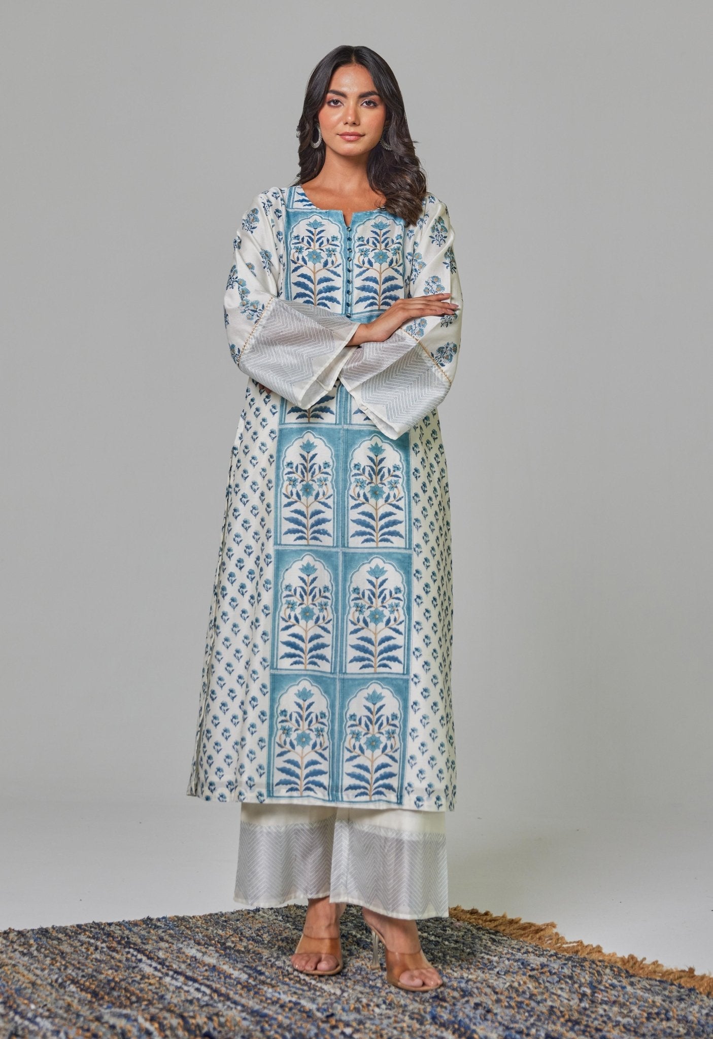 Elegant Serenity: Off - White Chanderi Kurta Set with Blue Block Print and Matching Dupatta - Tara - C - Tara