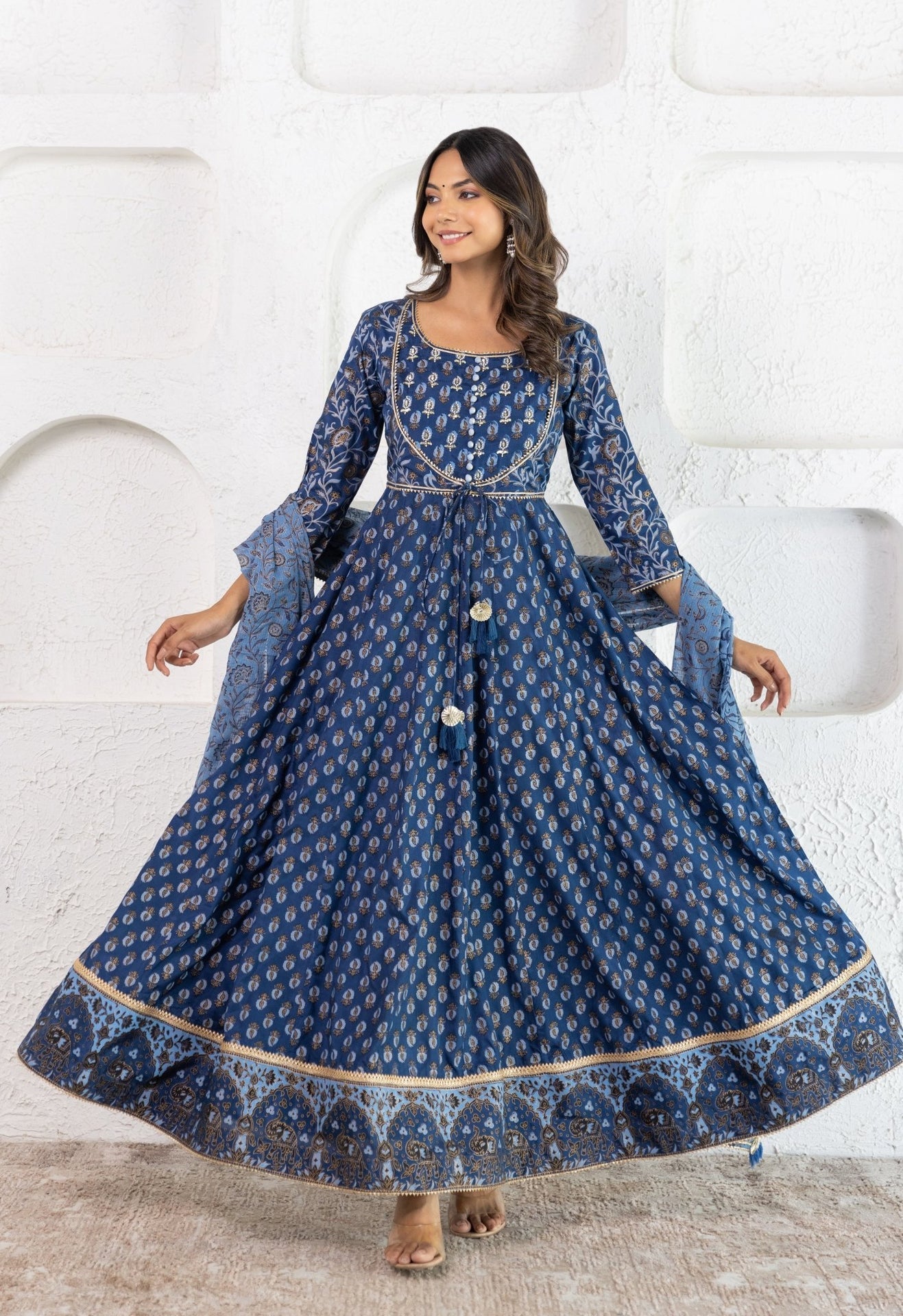 floral booti Printed Long Dress With Doriya Dupatta (2pc Set) - Tara-C-Tara