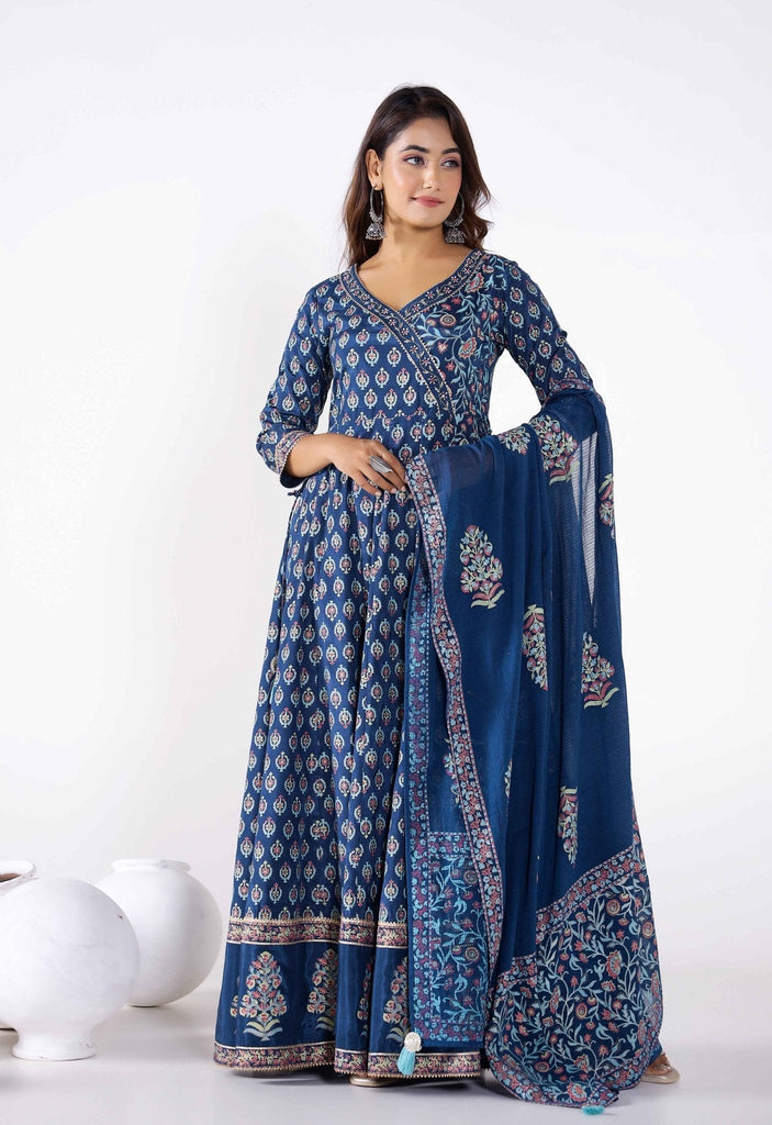 Floral Buti Printed long Anarkali dress With Pants and Printed Doriya Dupatta (3pc Set) - Tara-C-Tara