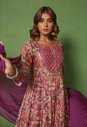 Floral Elegance: Hand Block Printed Purple kurta set - Tara - C - Tara