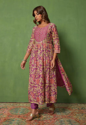 Floral Elegance: Hand Block Printed Purple kurta set - Tara - C - Tara