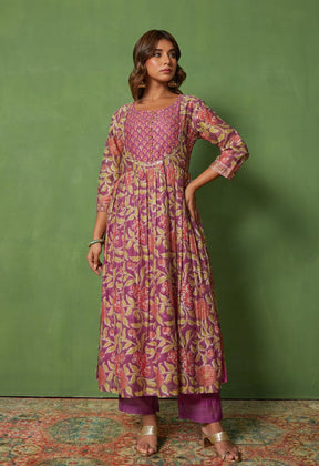 Floral Elegance: Hand Block Printed Purple kurta set - Tara - C - Tara