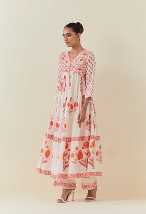 FLORAL HAND BLOCK PRINTED ANARKALI WITH DORIYA DUPATTA AND BOTTOMS - Tara - C - Tara