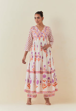 FLORAL HAND BLOCK PRINTED ANARKALI WITH DORIYA DUPATTA AND BOTTOMS - Tara - C - Tara