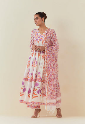 FLORAL HAND BLOCK PRINTED ANARKALI WITH DORIYA DUPATTA AND BOTTOMS - Tara - C - Tara