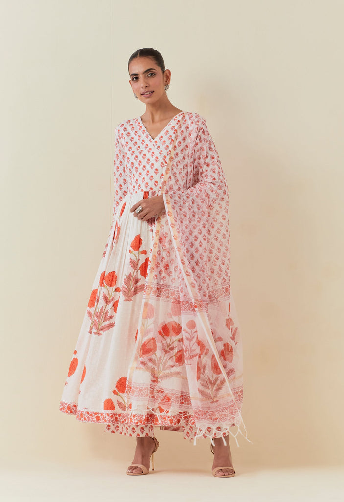 FLORAL HAND BLOCK PRINTED ANARKALI WITH DORIYA DUPATTA AND BOTTOMS - Tara - C - Tara