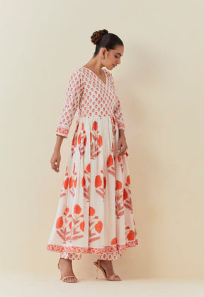 FLORAL HAND BLOCK PRINTED ANARKALI WITH DORIYA DUPATTA AND BOTTOMS - Tara - C - Tara