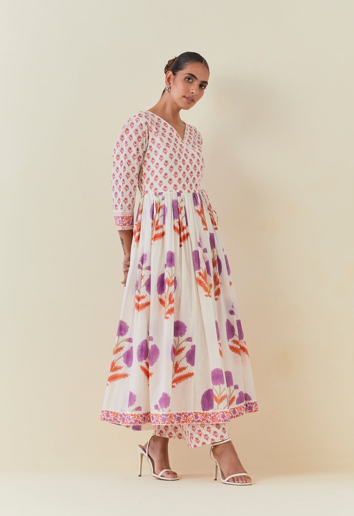 FLORAL HAND BLOCK PRINTED ANARKALI WITH DORIYA DUPATTA AND BOTTOMS - Tara - C - Tara