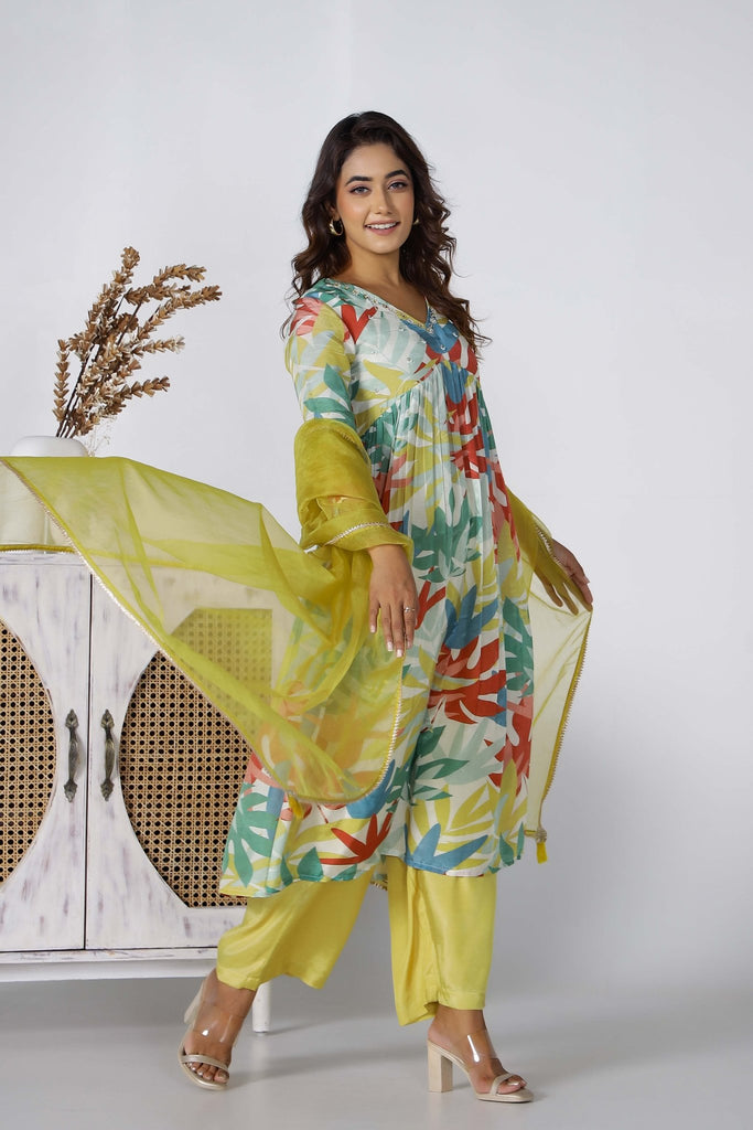 Floral Multi color Digital Print Kurta With Palazzo and organza dupatta - Tara-C-Tara