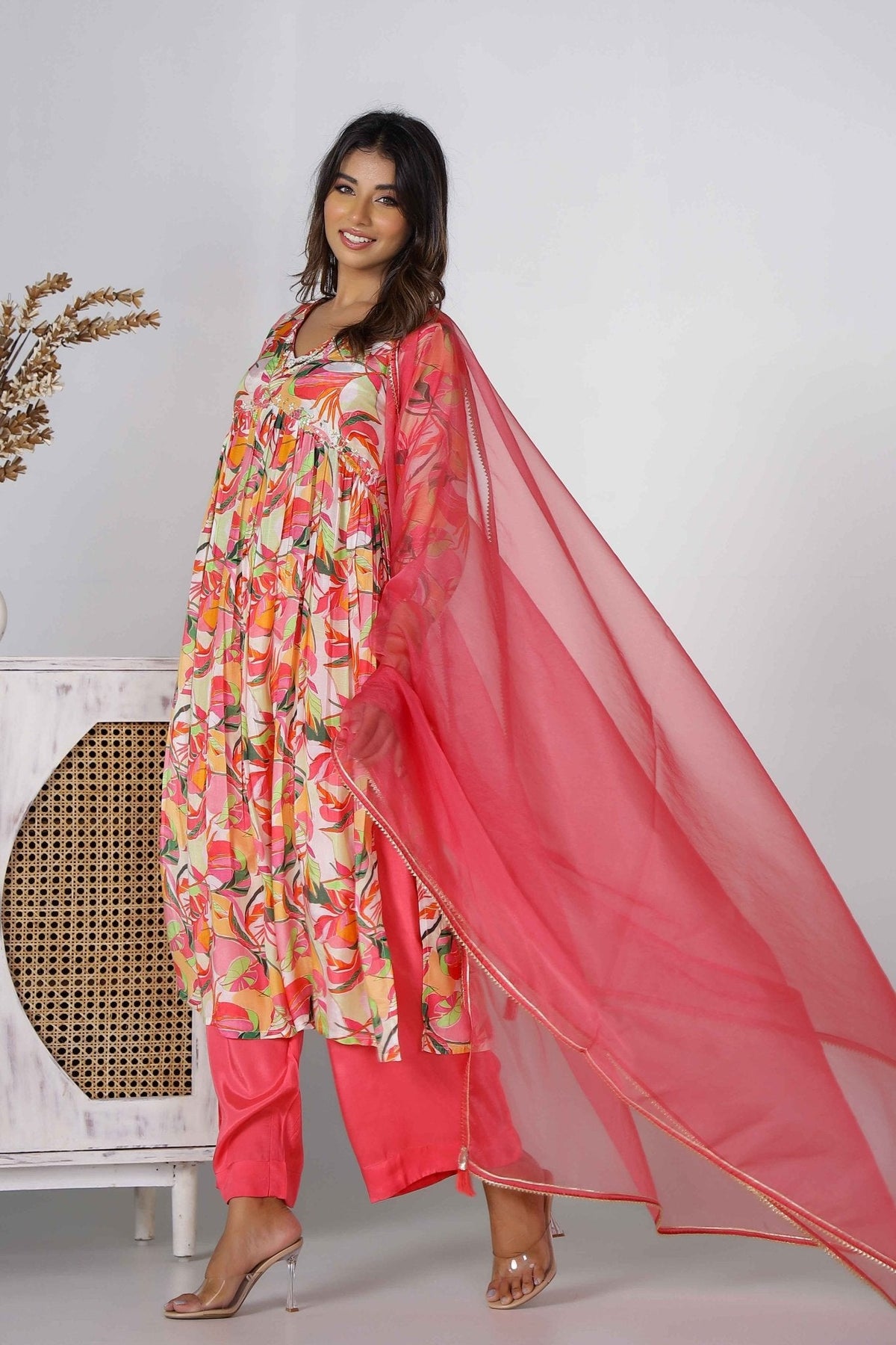 Floral Multi color Digital Print Kurta With Palazzo and organza dupatta - Tara-C-Tara