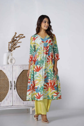 Floral Multi color Digital Print Kurta With Palazzo and organza dupatta - Tara-C-Tara