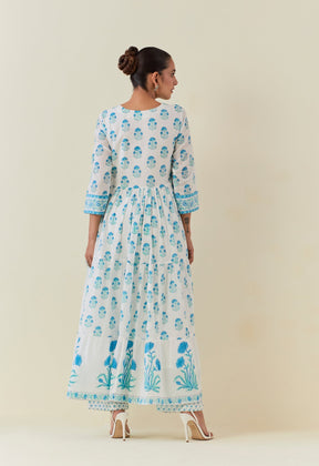 FLORAL SEA GREEN AND TURQUOISE HAND BLOCK PRINTED ANARKALI WITH DORIYA DUPATTA AND BOTTOMS - Tara - C - Tara