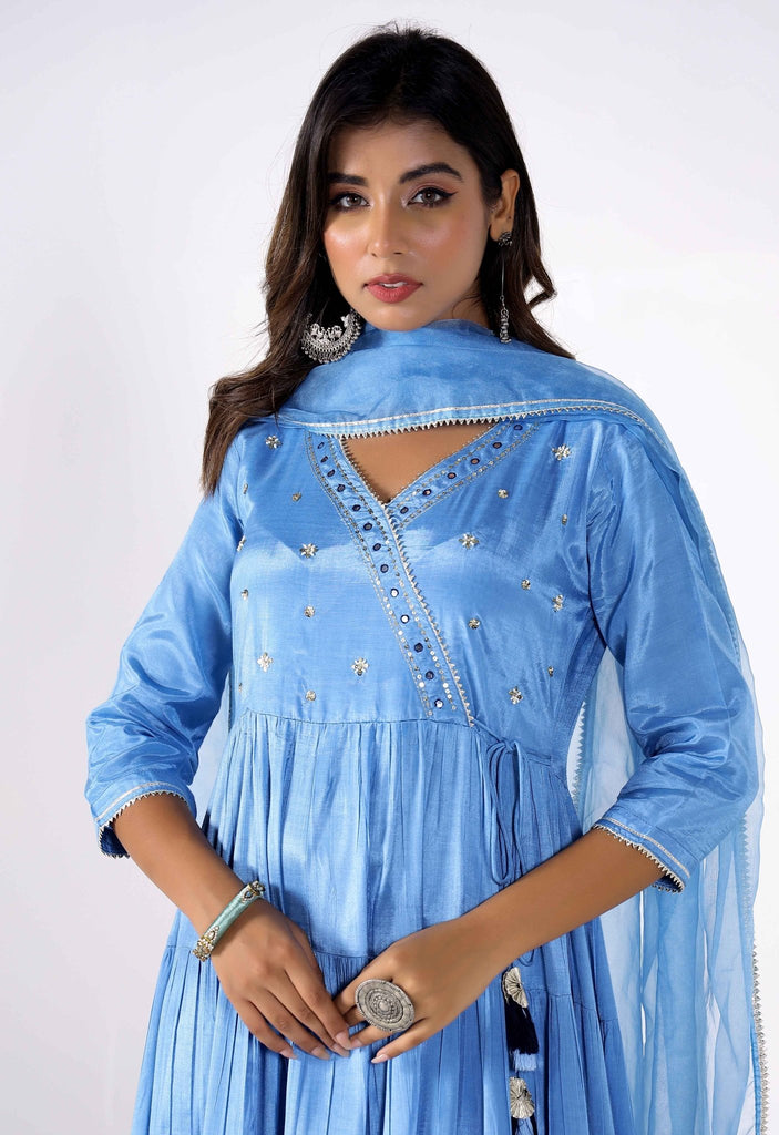 Fresh Blue Tiered gathered Kurta with palazzo and Organza Dupatta (3 pc set) - Tara-C-Tara