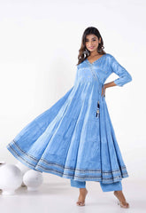 Fresh Blue Tiered gathered Kurta with palazzo and Organza Dupatta (3 pc set) - Tara-C-Tara