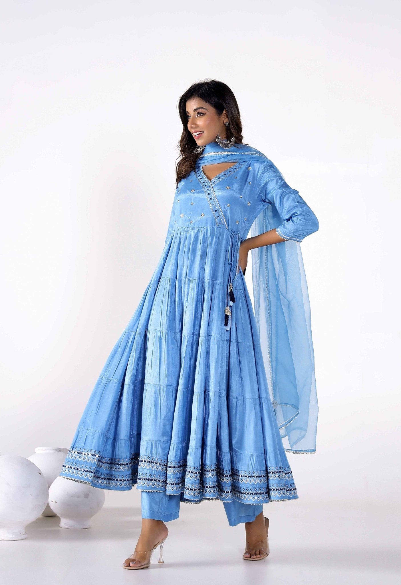 Fresh Blue Tiered gathered Kurta with palazzo and Organza Dupatta (3 pc set) - Tara-C-Tara