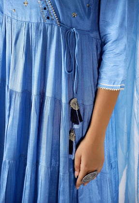 Fresh Blue Tiered gathered Kurta with palazzo and Organza Dupatta (3 pc set) - Tara-C-Tara