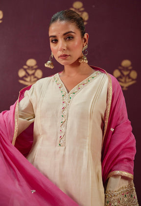 Graceful Beige: Chanderi Kurta with Embroidered Sleeves, Neckline, and Pink Chnaderi Mulmul Dupatta - Tara - C - Tara