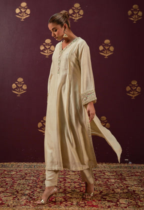 Graceful Beige: Chanderi Kurta with Embroidered Sleeves, Neckline, and Pink Chnaderi Mulmul Dupatta - Tara - C - Tara