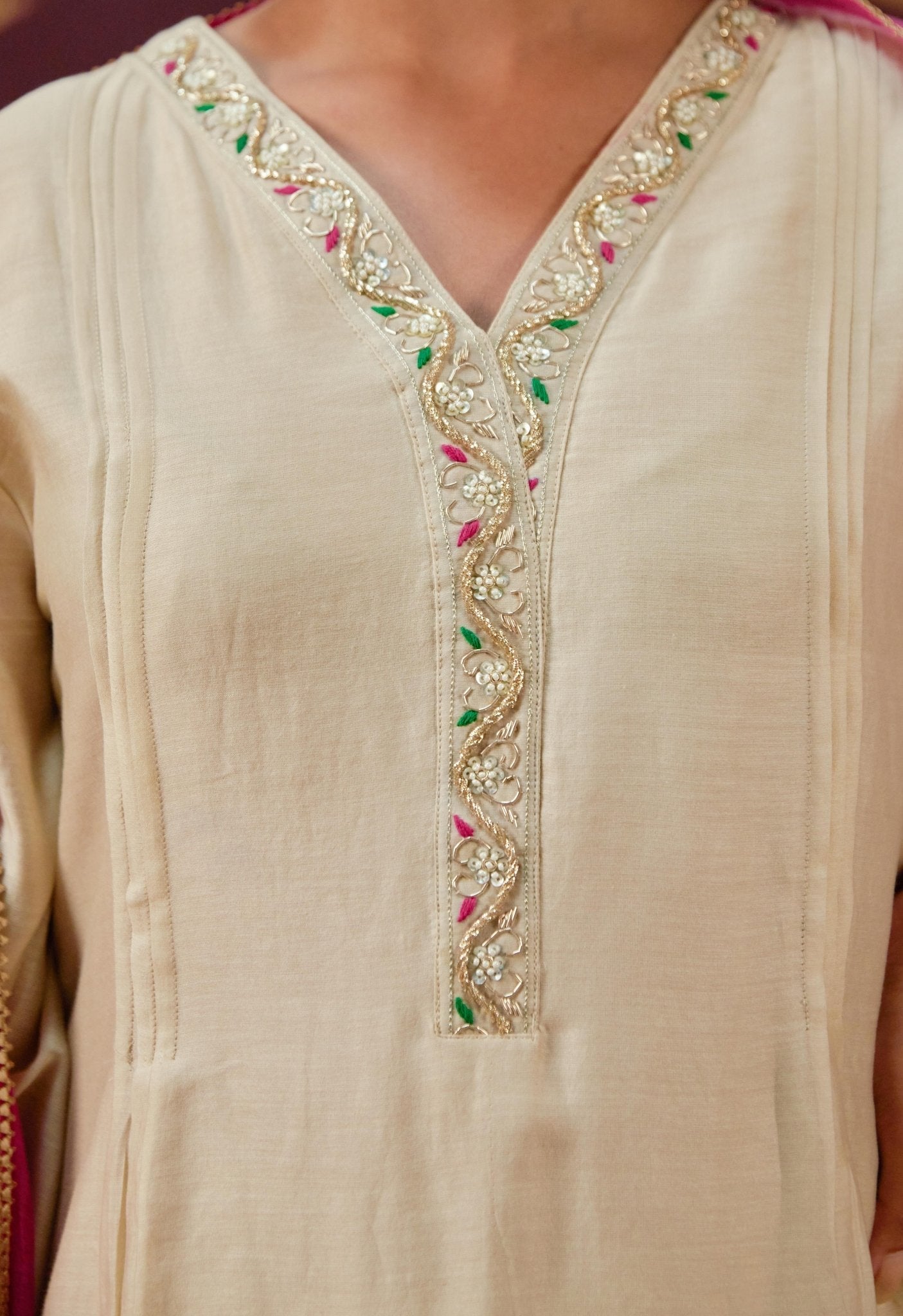 Graceful Beige: Chanderi Kurta with Embroidered Sleeves, Neckline, and Pink Chnaderi Mulmul Dupatta - Tara - C - Tara