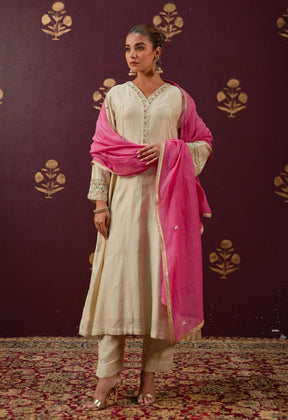 Graceful Beige: Chanderi Kurta with Embroidered Sleeves, Neckline, and Pink Chnaderi Mulmul Dupatta - Tara - C - Tara