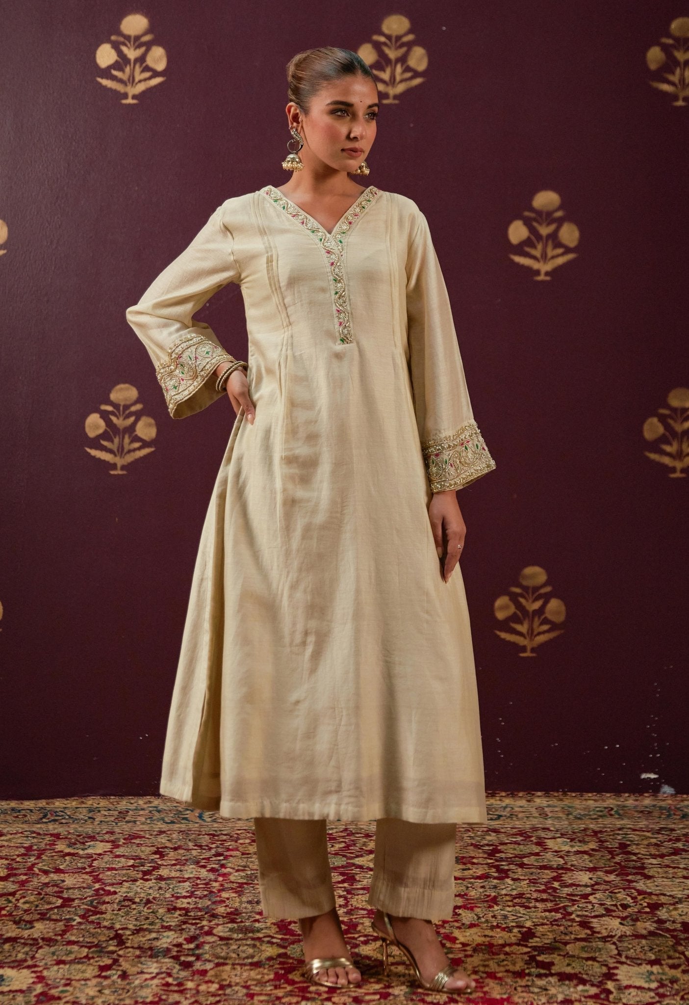 Graceful Beige: Chanderi Kurta with Embroidered Sleeves, Neckline, and Pink Chnaderi Mulmul Dupatta - Tara - C - Tara