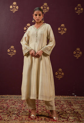 Graceful Beige: Chanderi Kurta with Embroidered Sleeves, Neckline, and Pink Chnaderi Mulmul Dupatta - Tara - C - Tara