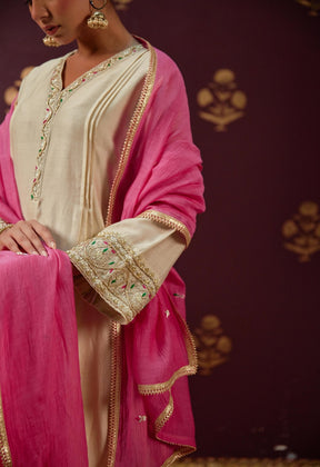 Graceful Beige: Chanderi Kurta with Embroidered Sleeves, Neckline, and Pink Chnaderi Mulmul Dupatta - Tara - C - Tara