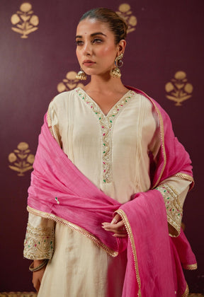 Graceful Beige: Chanderi Kurta with Embroidered Sleeves, Neckline, and Pink Chnaderi Mulmul Dupatta - Tara - C - Tara