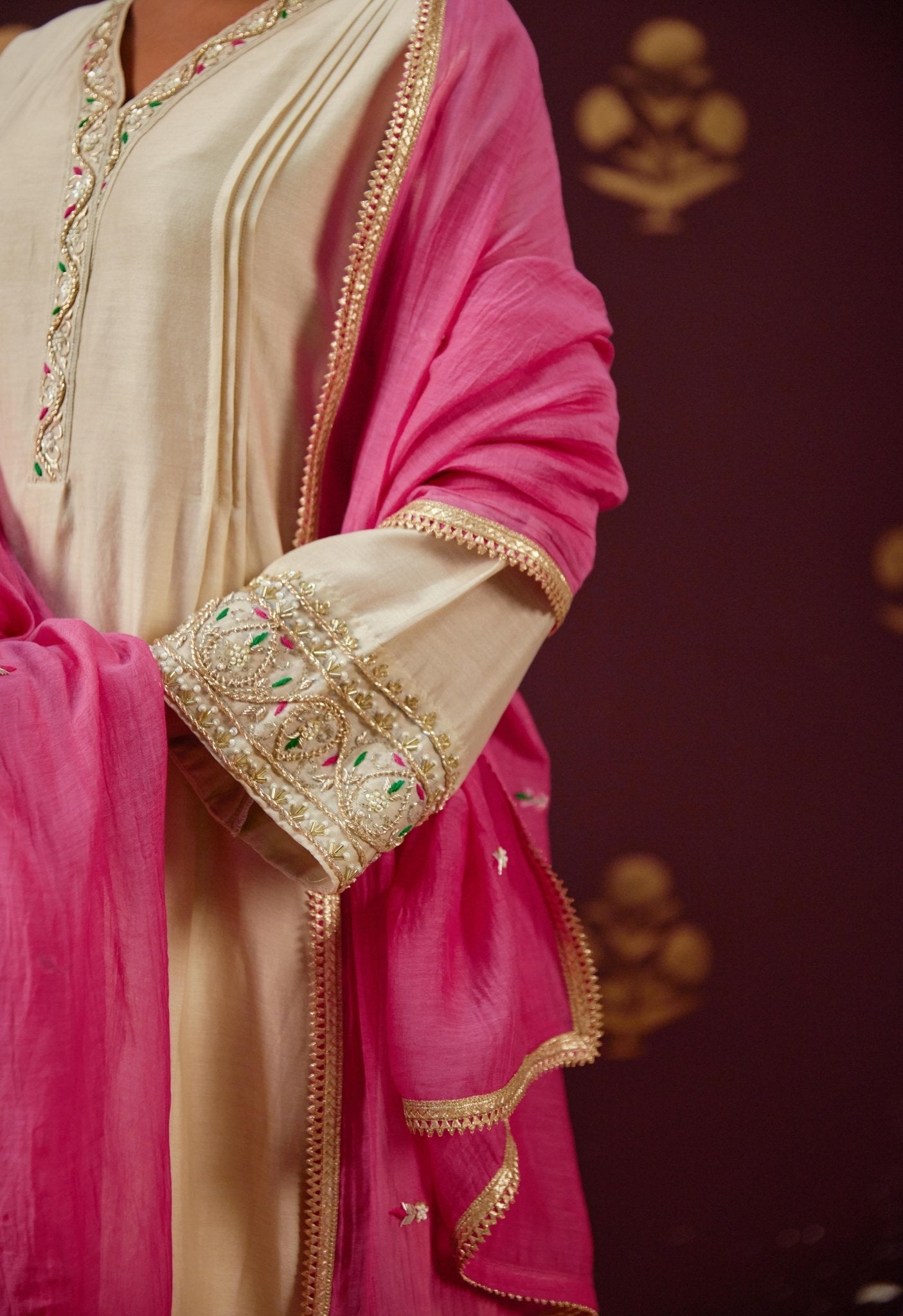 Graceful Beige: Chanderi Kurta with Embroidered Sleeves, Neckline, and Pink Chnaderi Mulmul Dupatta - Tara - C - Tara