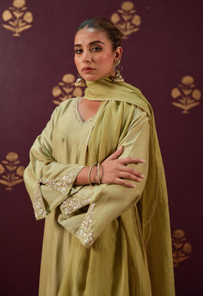 Graceful Olive: Chanderi Kurta with Detailed Embroidery and Coordinated Mulmul Dupatta - Tara - C - Tara