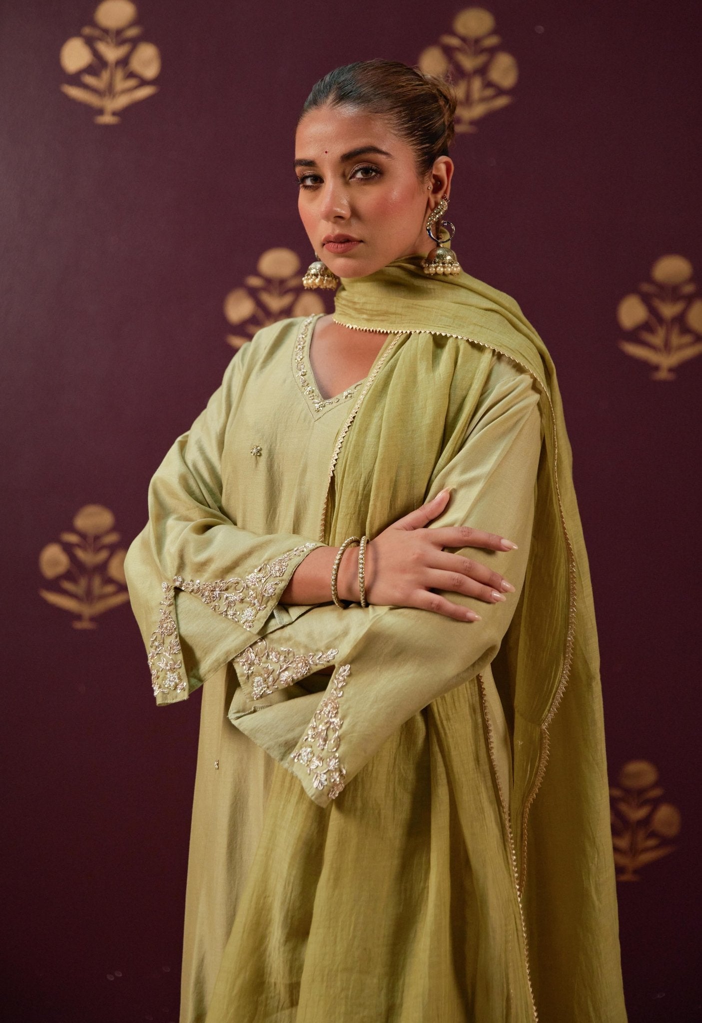 Graceful Olive: Chanderi Kurta with Detailed Embroidery and Coordinated Mulmul Dupatta - Tara - C - Tara