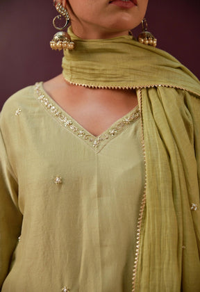 Graceful Olive: Chanderi Kurta with Detailed Embroidery and Coordinated Mulmul Dupatta - Tara - C - Tara