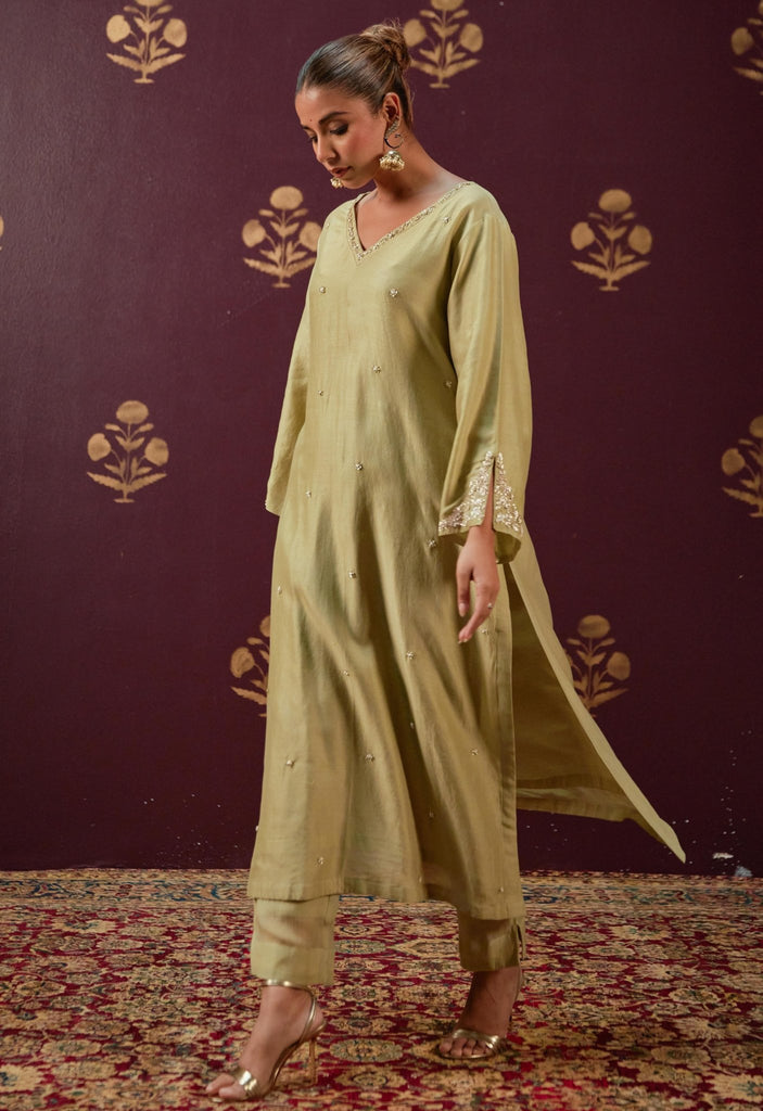 Graceful Olive: Chanderi Kurta with Detailed Embroidery and Coordinated Mulmul Dupatta - Tara - C - Tara