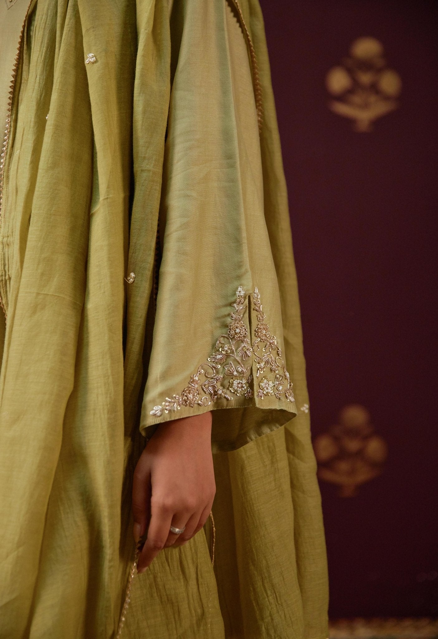 Graceful Olive: Chanderi Kurta with Detailed Embroidery and Coordinated Mulmul Dupatta - Tara - C - Tara