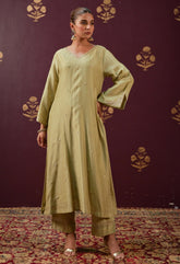 Graceful Olive: Chanderi Kurta with Detailed Embroidery and Coordinated Mulmul Dupatta - Tara - C - Tara