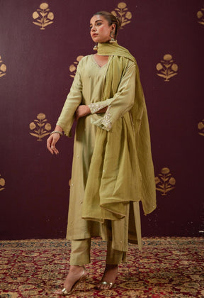 Graceful Olive: Chanderi Kurta with Detailed Embroidery and Coordinated Mulmul Dupatta - Tara - C - Tara