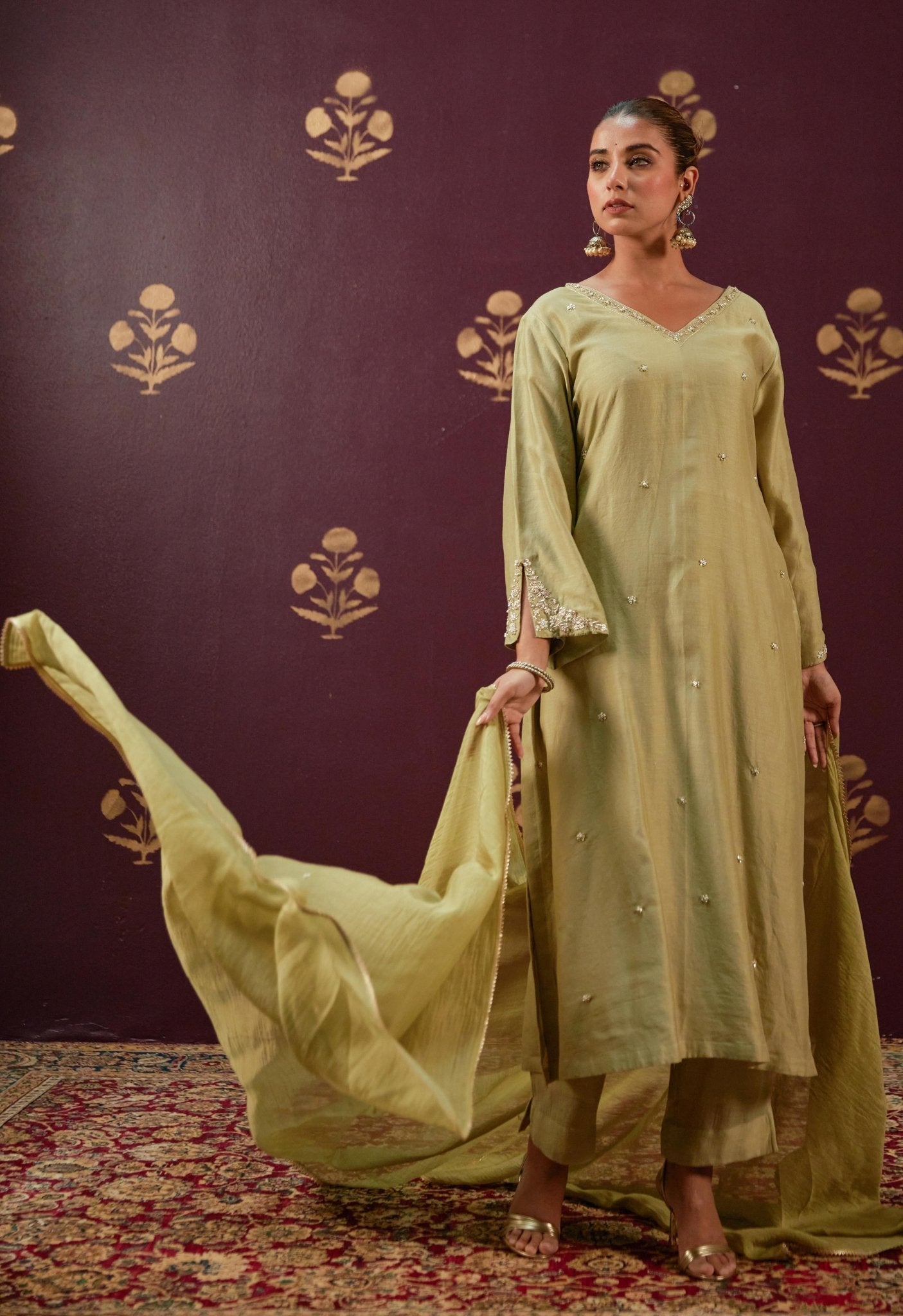 Graceful Olive: Chanderi Kurta with Detailed Embroidery and Coordinated Mulmul Dupatta - Tara - C - Tara